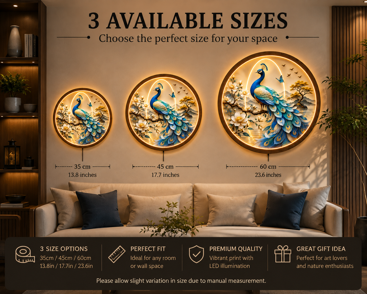 Peacock LED Wall Art, Round Lighted Wall Decor, Blue Peacock Nature Artwork, Modern Living Room Bedroom Wall Hanging, Unique Housewarming Gift