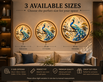 Peacock LED Wall Art, Round Lighted Wall Decor, Blue Peacock Nature Artwork, Modern Living Room Bedroom Wall Hanging, Unique Housewarming Gift