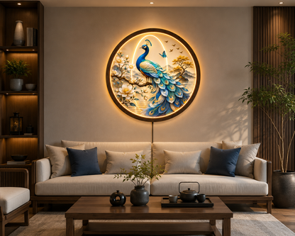 Peacock LED Wall Art, Round Lighted Wall Decor, Blue Peacock Nature Artwork, Modern Living Room Bedroom Wall Hanging, Unique Housewarming Gift