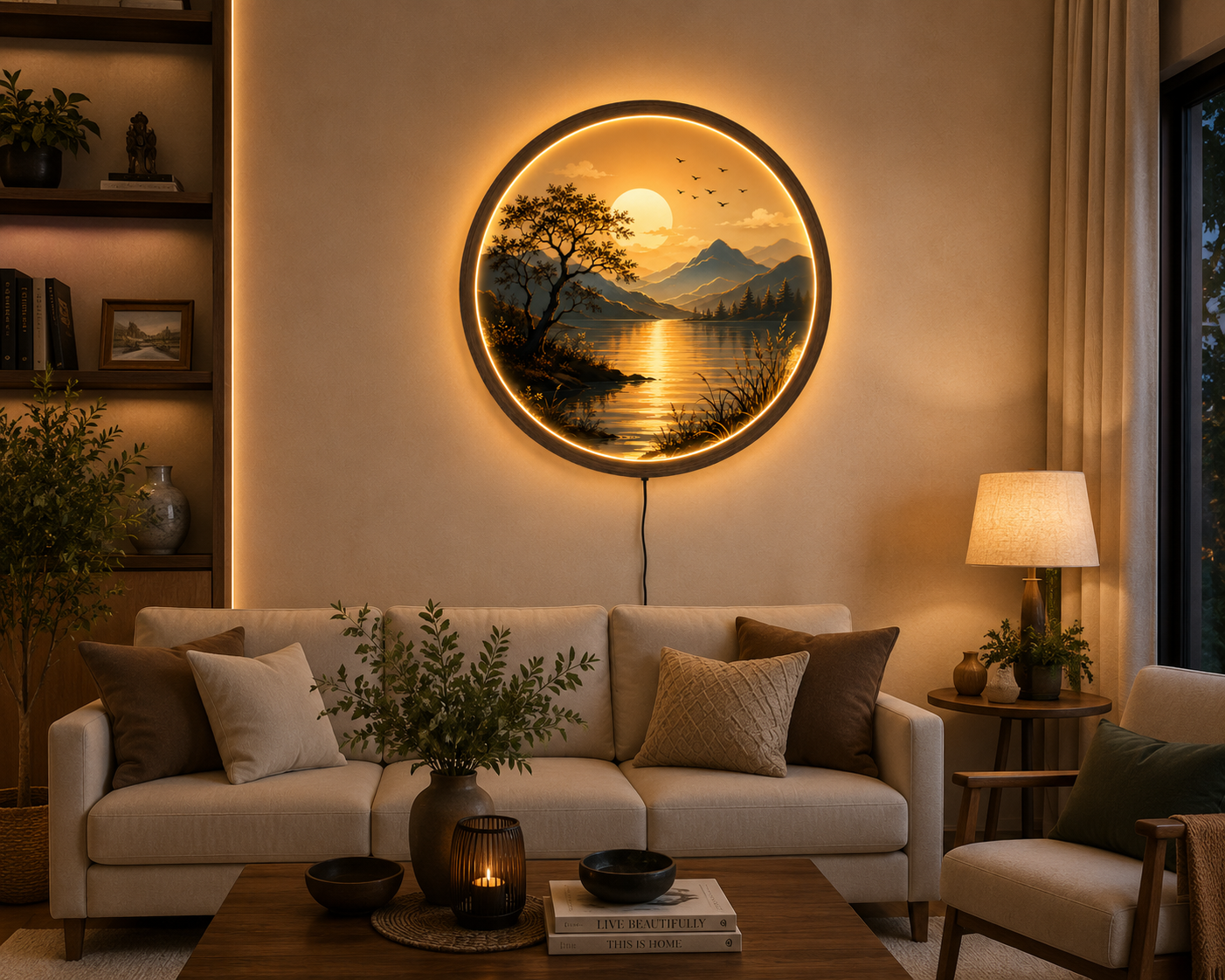 Sunset Lake LED Wall Art, Round Lighted Mountain Landscape Decor, Nature Acrylic Wall Hanging, Modern Living Room Bedroom Gift