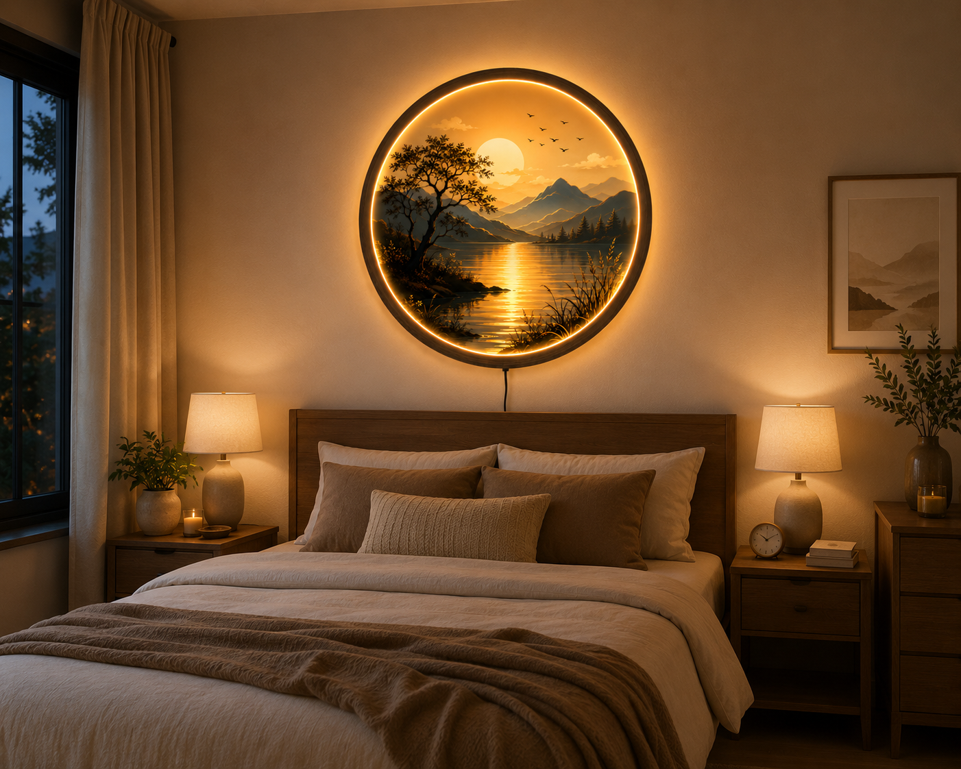 Sunset Lake LED Wall Art, Round Lighted Mountain Landscape Decor, Nature Acrylic Wall Hanging, Modern Living Room Bedroom Gift