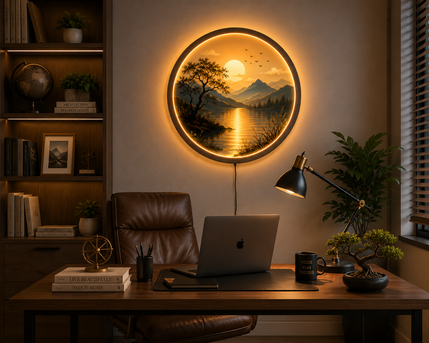 Sunset Lake LED Wall Art, Round Lighted Mountain Landscape Decor, Nature Acrylic Wall Hanging, Modern Living Room Bedroom Gift