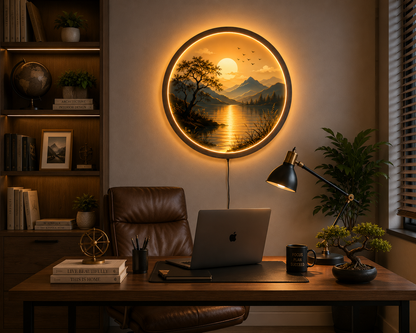 Sunset Lake LED Wall Art, Round Lighted Mountain Landscape Decor, Nature Acrylic Wall Hanging, Modern Living Room Bedroom Gift