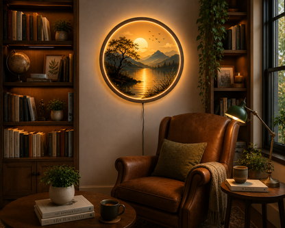 Sunset Lake LED Wall Art, Round Lighted Mountain Landscape Decor, Nature Acrylic Wall Hanging, Modern Living Room Bedroom Gift