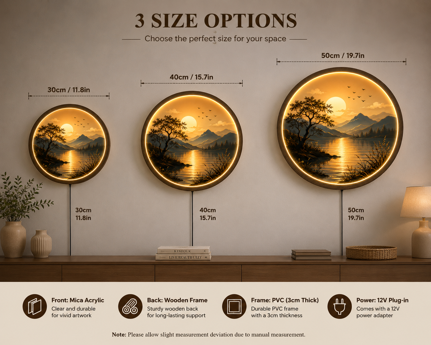 Sunset Lake LED Wall Art, Round Lighted Mountain Landscape Decor, Nature Acrylic Wall Hanging, Modern Living Room Bedroom Gift