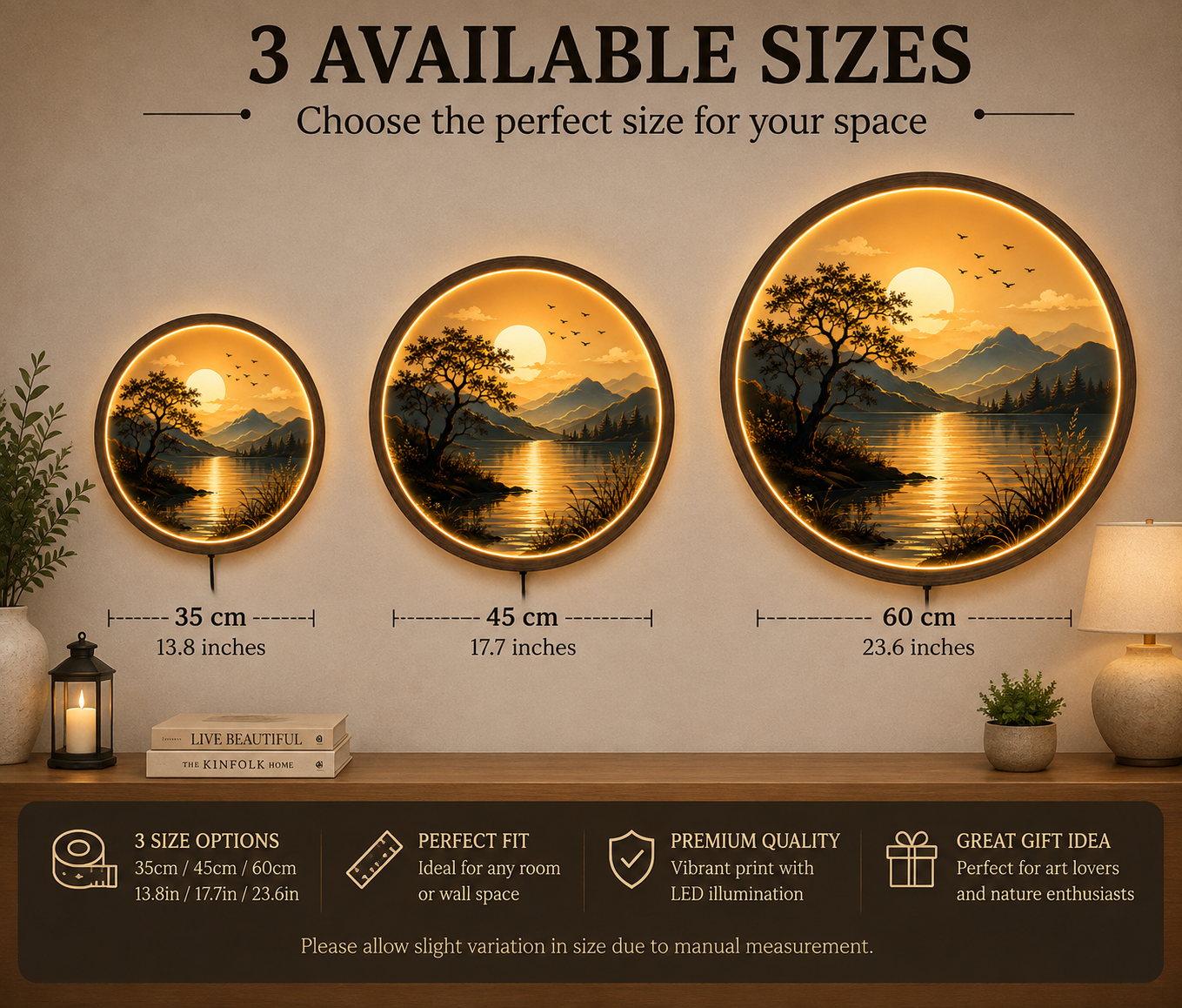 Sunset Lake LED Wall Art, Round Lighted Mountain Landscape Decor, Nature Acrylic Wall Hanging, Modern Living Room Bedroom Gift