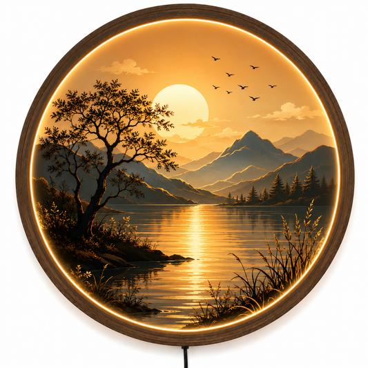 Sunset Lake LED Wall Art, Round Lighted Mountain Landscape Decor, Nature Acrylic Wall Hanging, Modern Living Room Bedroom Gift