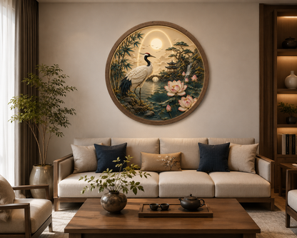 Japanese Crane LED Wall Art Round Wooden Frame, Lotus Landscape Light, Zen Wall Decor, Asian Living Room Bedroom Art