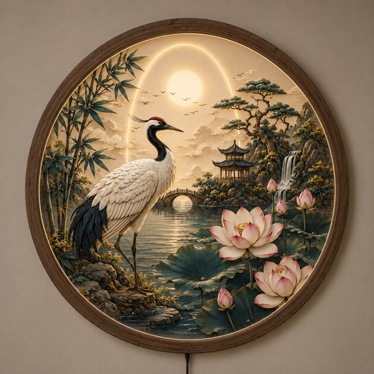 Japanese Crane LED Wall Art Round Wooden Frame, Lotus Landscape Light, Zen Wall Decor, Asian Living Room Bedroom Art