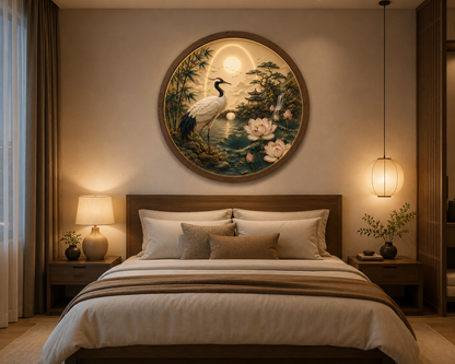 Japanese Crane LED Wall Art Round Wooden Frame, Lotus Landscape Light, Zen Wall Decor, Asian Living Room Bedroom Art