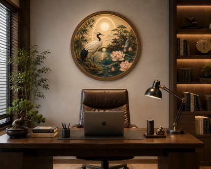 Japanese Crane LED Wall Art Round Wooden Frame, Lotus Landscape Light, Zen Wall Decor, Asian Living Room Bedroom Art