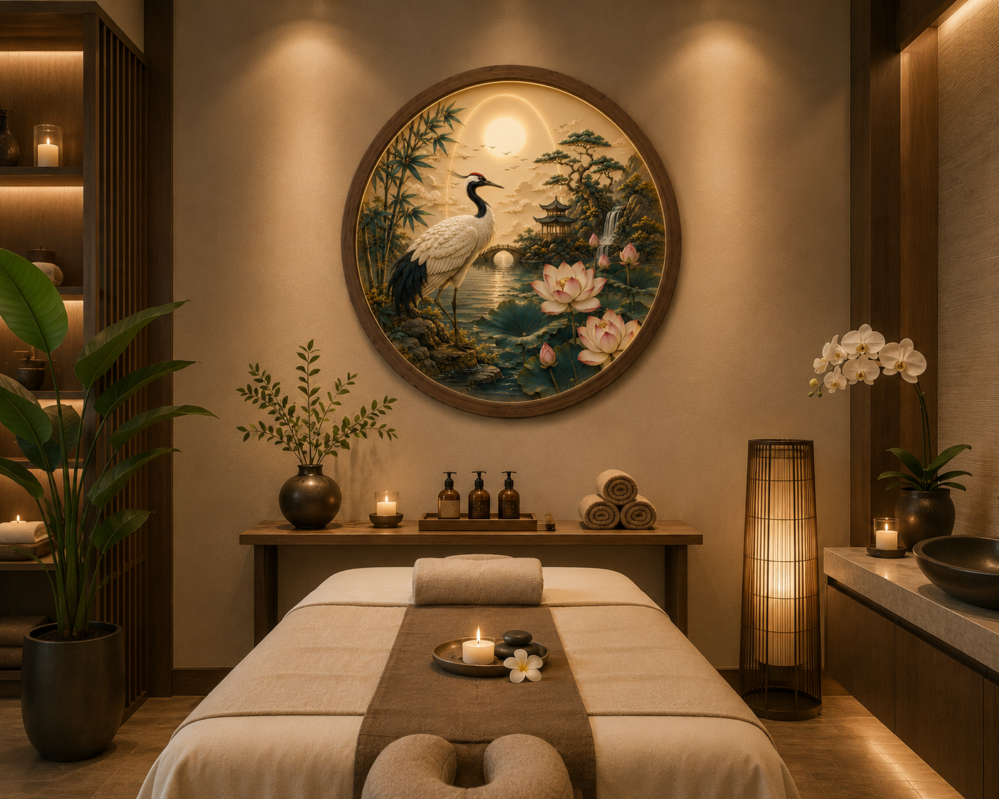 Japanese Crane LED Wall Art Round Wooden Frame, Lotus Landscape Light, Zen Wall Decor, Asian Living Room Bedroom Art