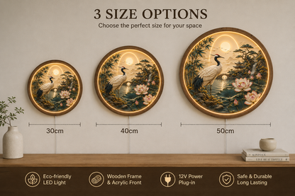 Japanese Crane LED Wall Art Round Wooden Frame, Lotus Landscape Light, Zen Wall Decor, Asian Living Room Bedroom Art