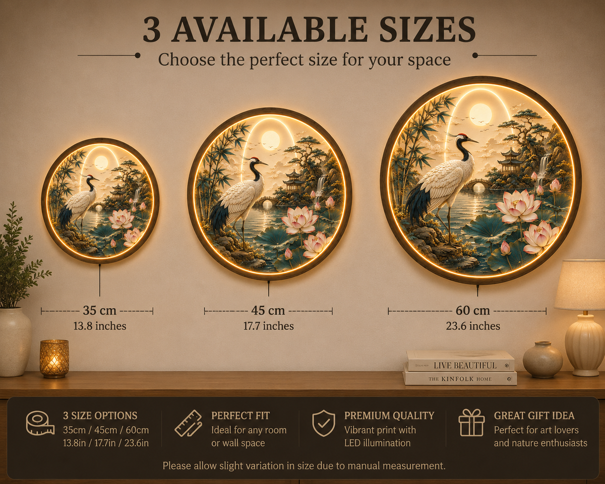 Japanese Crane LED Wall Art Round Wooden Frame, Lotus Landscape Light, Zen Wall Decor, Asian Living Room Bedroom Art