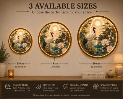 Japanese Crane LED Wall Art Round Wooden Frame, Lotus Landscape Light, Zen Wall Decor, Asian Living Room Bedroom Art