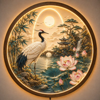Japanese Crane LED Wall Art Round Wooden Frame, Lotus Landscape Light, Zen Wall Decor, Asian Living Room Bedroom Art