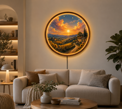Sunset Countryside LED Wall Art, Round Illuminated Wall Decor, Rustic Farmhouse Landscape Light, Wooden Frame, Living Room Gift