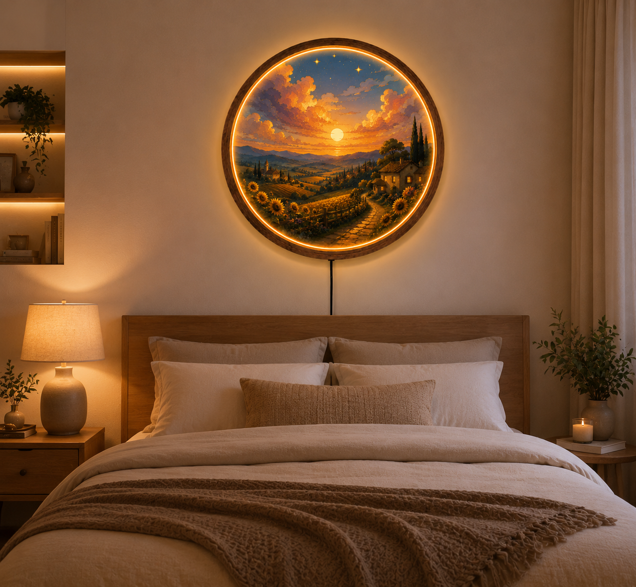 Sunset Countryside LED Wall Art, Round Illuminated Wall Decor, Rustic Farmhouse Landscape Light, Wooden Frame, Living Room Gift