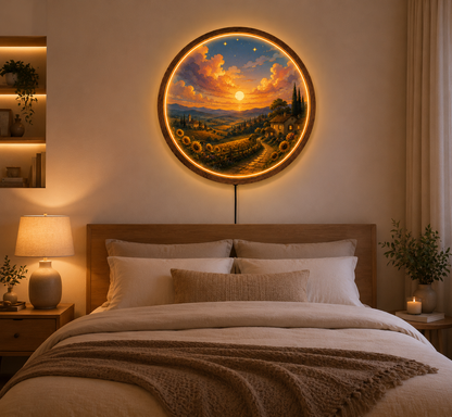 Sunset Countryside LED Wall Art, Round Illuminated Wall Decor, Rustic Farmhouse Landscape Light, Wooden Frame, Living Room Gift