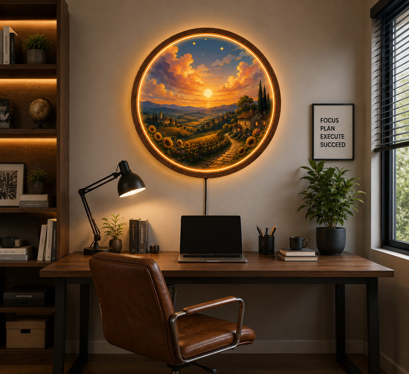 Sunset Countryside LED Wall Art, Round Illuminated Wall Decor, Rustic Farmhouse Landscape Light, Wooden Frame, Living Room Gift