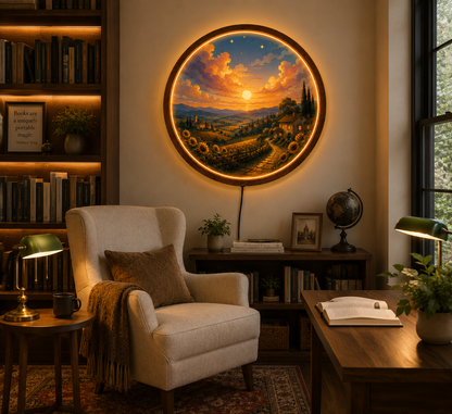 Sunset Countryside LED Wall Art, Round Illuminated Wall Decor, Rustic Farmhouse Landscape Light, Wooden Frame, Living Room Gift