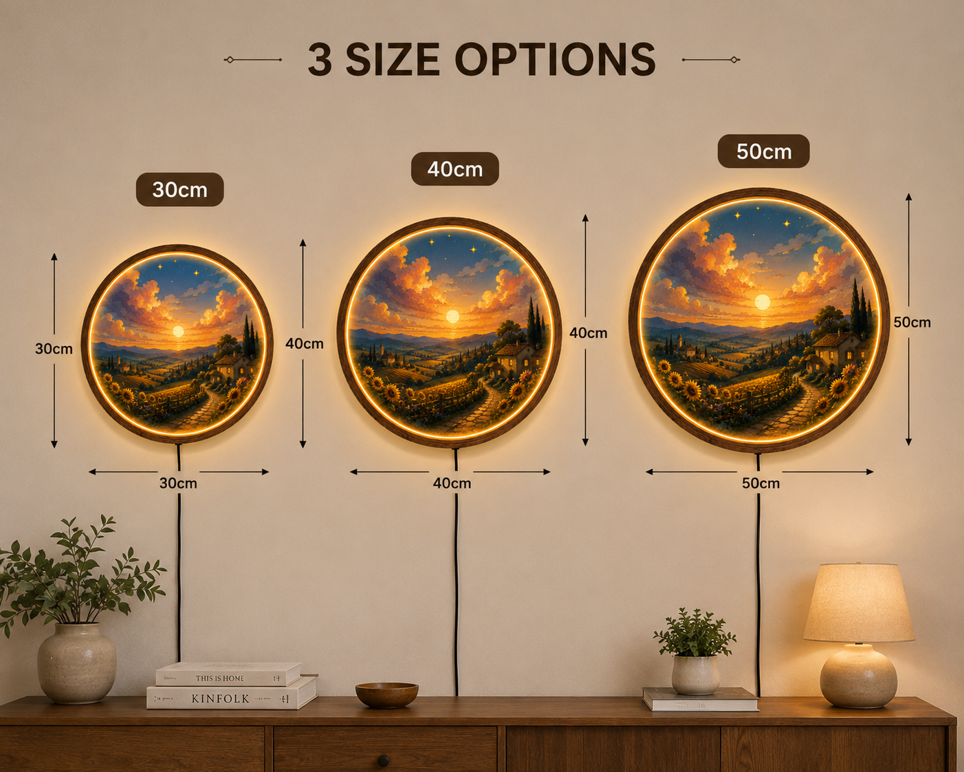 Sunset Countryside LED Wall Art, Round Illuminated Wall Decor, Rustic Farmhouse Landscape Light, Wooden Frame, Living Room Gift