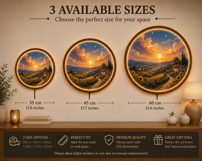 Sunset Countryside LED Wall Art, Round Illuminated Wall Decor, Rustic Farmhouse Landscape Light, Wooden Frame, Living Room Gift