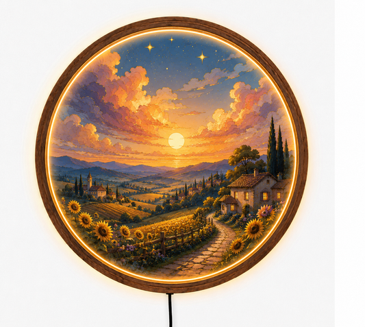 Sunset Countryside LED Wall Art, Round Illuminated Wall Decor, Rustic Farmhouse Landscape Light, Wooden Frame, Living Room Gift