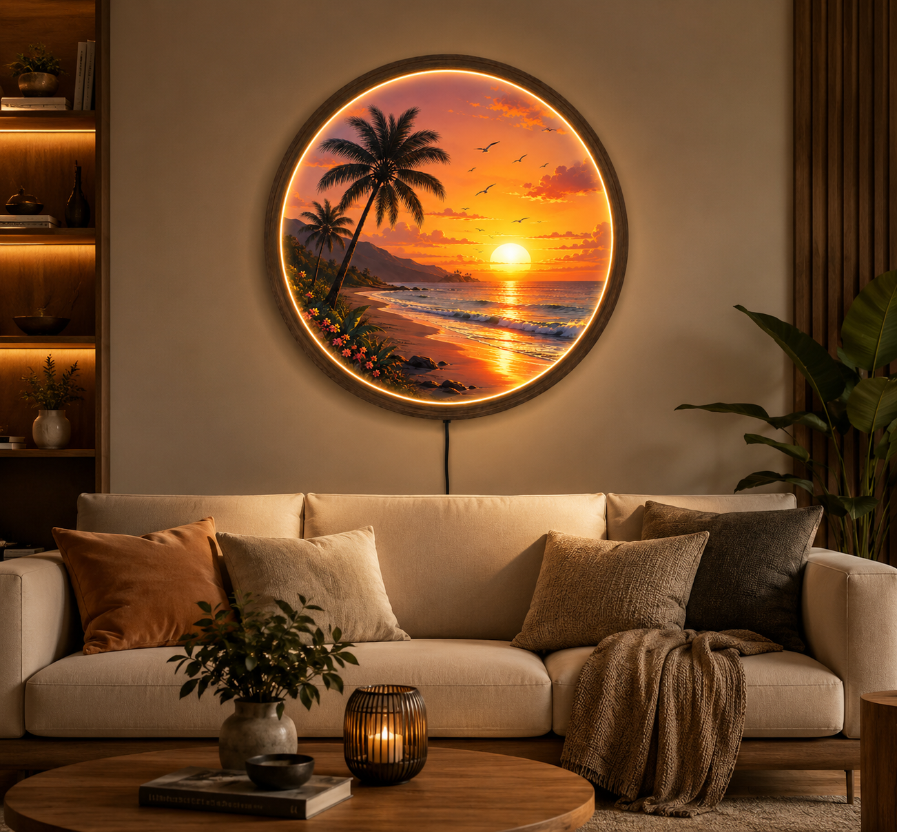 Tropical Sunset Beach LED Wall Art, Coastal Ocean Wall Decor with LED Light, Round Acrylic Wood Frame, Beach House Decor