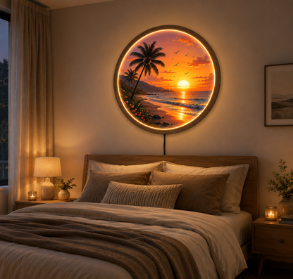 Tropical Sunset Beach LED Wall Art, Coastal Ocean Wall Decor with LED Light, Round Acrylic Wood Frame, Beach House Decor