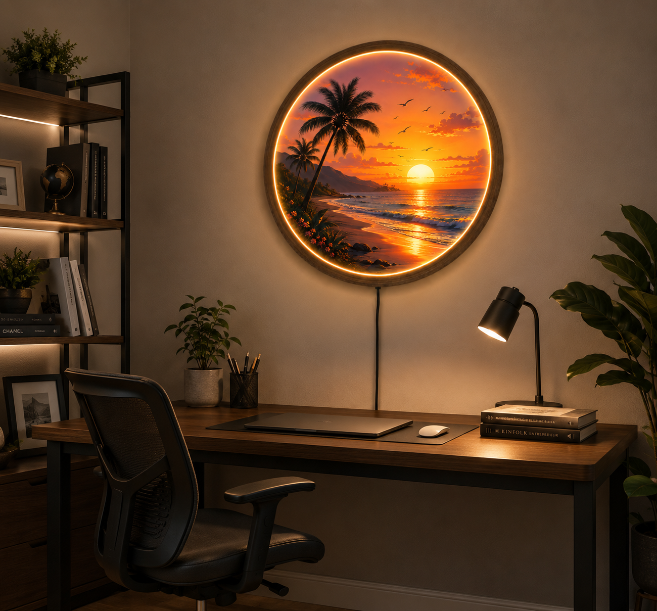 Tropical Sunset Beach LED Wall Art, Coastal Ocean Wall Decor with LED Light, Round Acrylic Wood Frame, Beach House Decor
