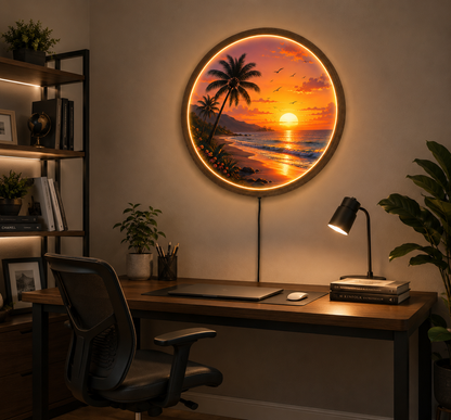 Tropical Sunset Beach LED Wall Art, Coastal Ocean Wall Decor with LED Light, Round Acrylic Wood Frame, Beach House Decor