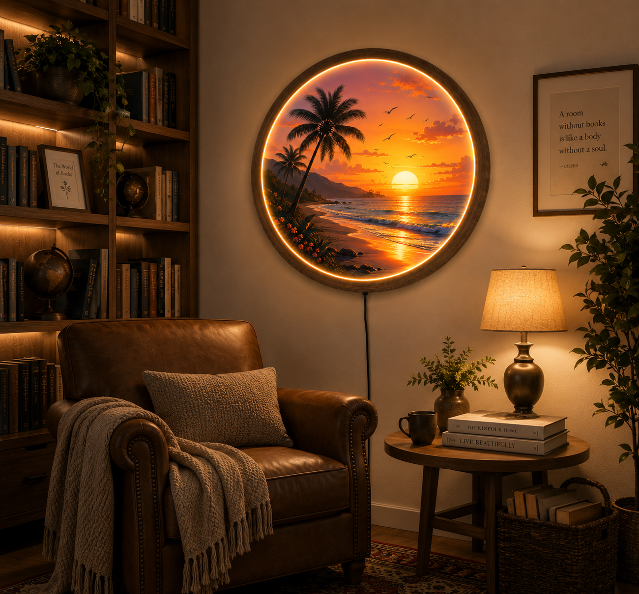 Tropical Sunset Beach LED Wall Art, Coastal Ocean Wall Decor with LED Light, Round Acrylic Wood Frame, Beach House Decor