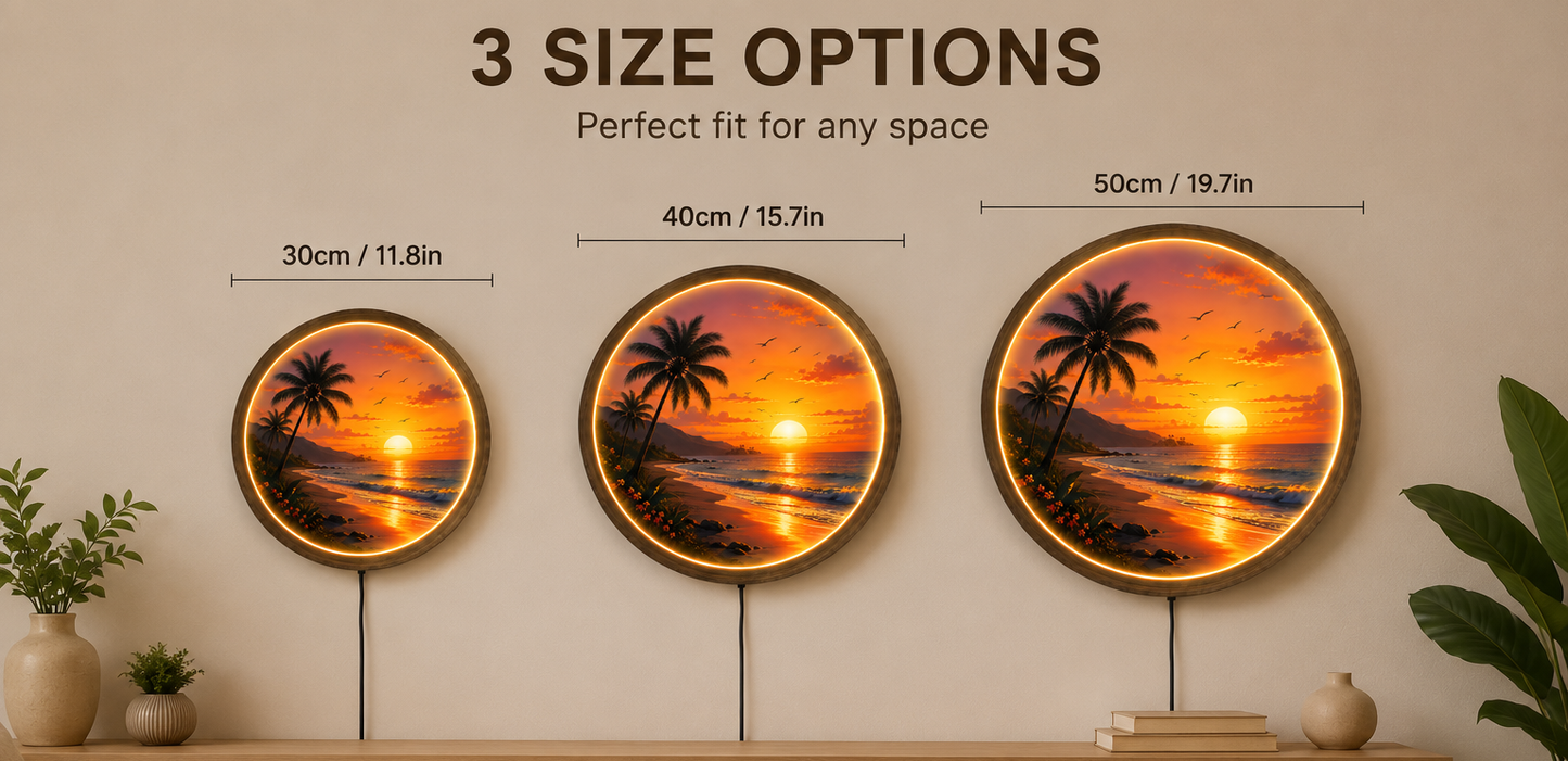 Tropical Sunset Beach LED Wall Art, Coastal Ocean Wall Decor with LED Light, Round Acrylic Wood Frame, Beach House Decor