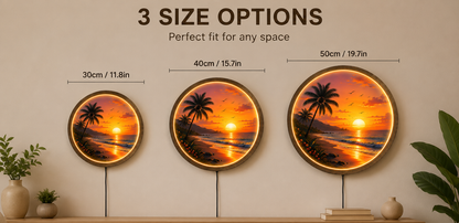 Tropical Sunset Beach LED Wall Art, Coastal Ocean Wall Decor with LED Light, Round Acrylic Wood Frame, Beach House Decor
