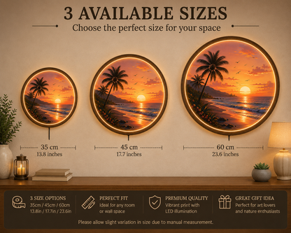 Tropical Sunset Beach LED Wall Art, Coastal Ocean Wall Decor with LED Light, Round Acrylic Wood Frame, Beach House Decor