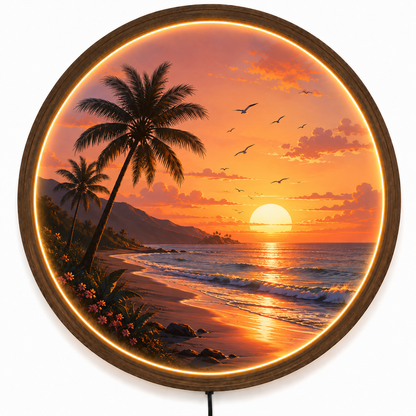 Tropical Sunset Beach LED Wall Art, Coastal Ocean Wall Decor with LED Light, Round Acrylic Wood Frame, Beach House Decor