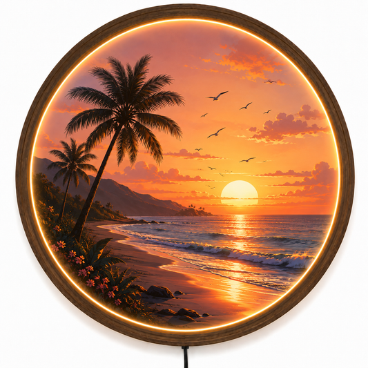 Tropical Sunset Beach LED Wall Art, Coastal Ocean Wall Decor with LED Light, Round Acrylic Wood Frame, Beach House Decor