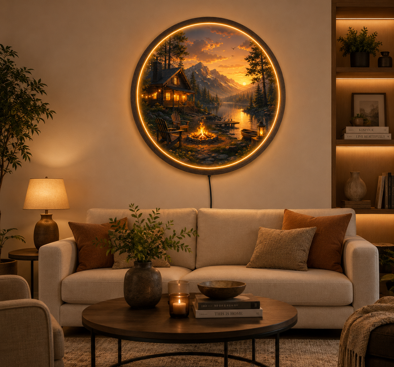Mountain Cabin LED Wall Art, Rustic Lake Landscape Lighted Wall Decor, Round Woodland Cabin Wall Light, Nature Home Decor