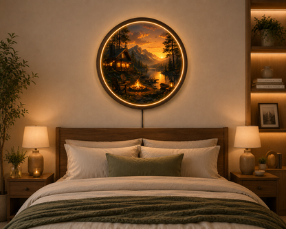 Mountain Cabin LED Wall Art, Rustic Lake Landscape Lighted Wall Decor, Round Woodland Cabin Wall Light, Nature Home Decor