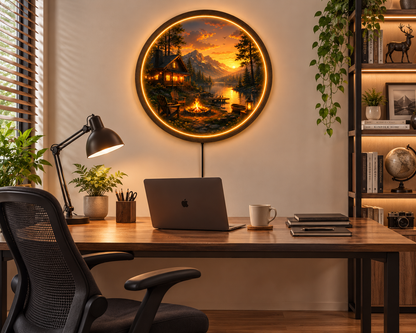 Mountain Cabin LED Wall Art, Rustic Lake Landscape Lighted Wall Decor, Round Woodland Cabin Wall Light, Nature Home Decor