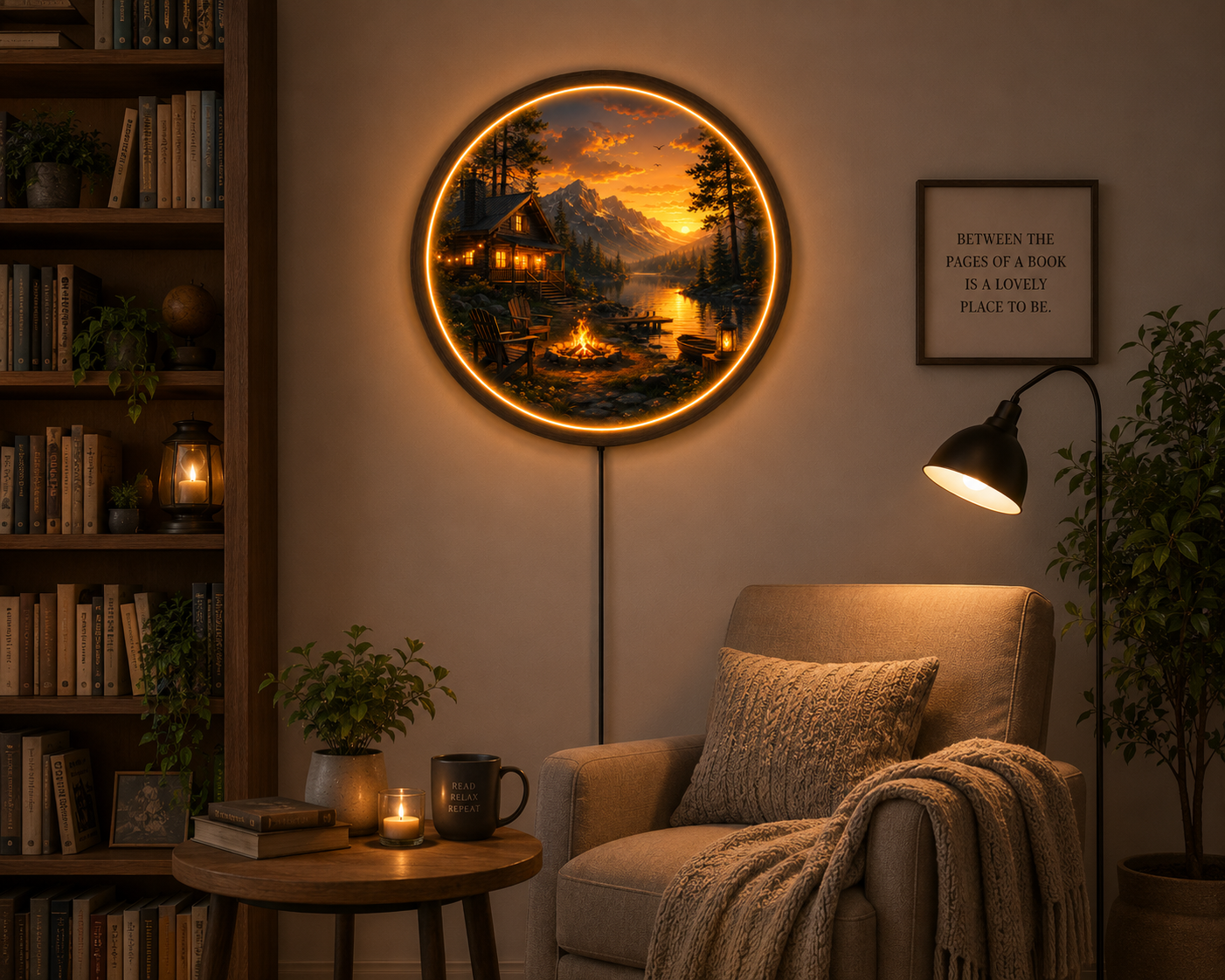 Mountain Cabin LED Wall Art, Rustic Lake Landscape Lighted Wall Decor, Round Woodland Cabin Wall Light, Nature Home Decor