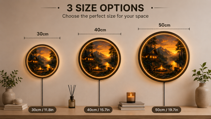 Mountain Cabin LED Wall Art, Rustic Lake Landscape Lighted Wall Decor, Round Woodland Cabin Wall Light, Nature Home Decor