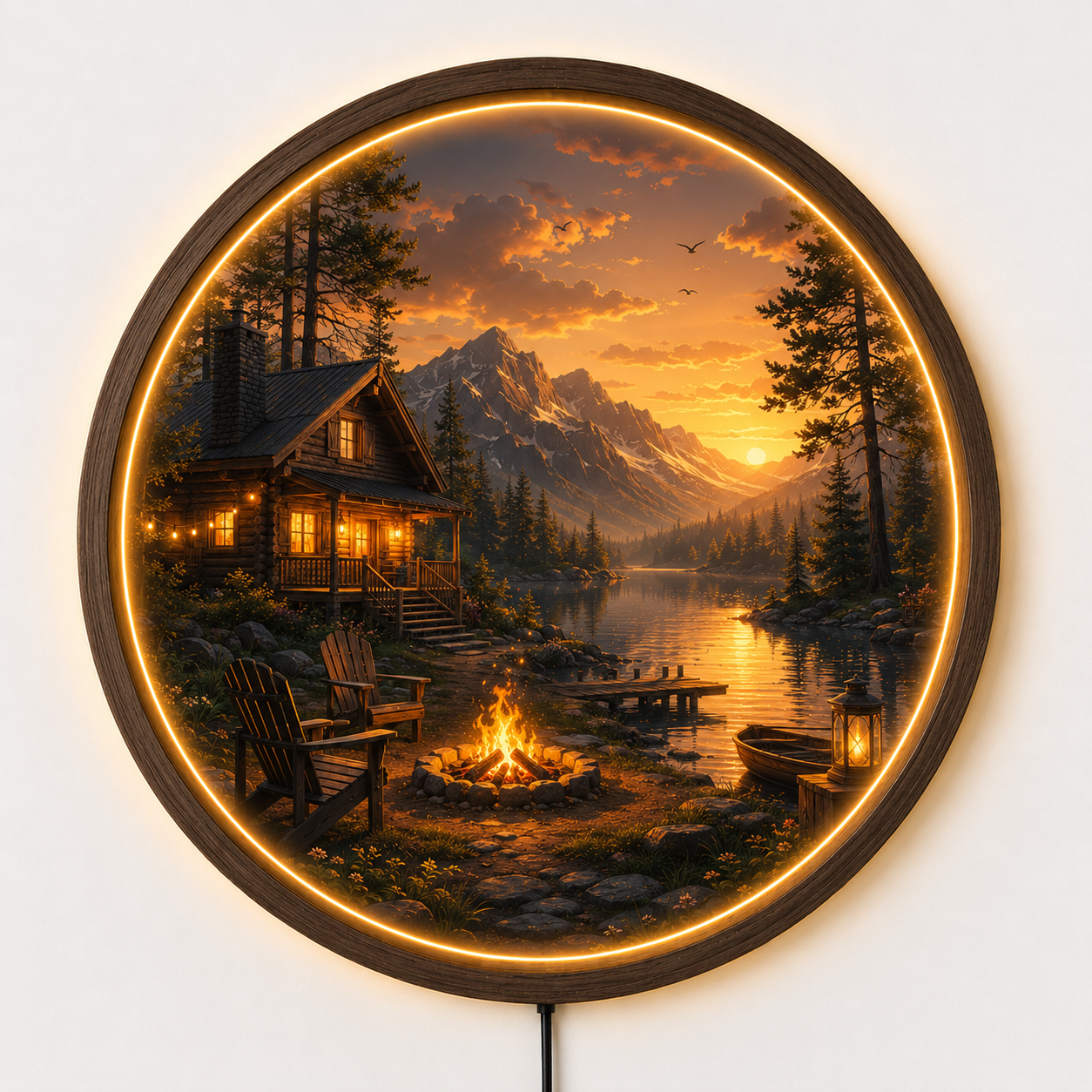 Mountain Cabin LED Wall Art, Rustic Lake Landscape Lighted Wall Decor, Round Woodland Cabin Wall Light, Nature Home Decor