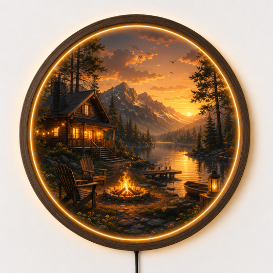 Mountain Cabin LED Wall Art, Rustic Lake Landscape Lighted Wall Decor, Round Woodland Cabin Wall Light, Nature Home Decor