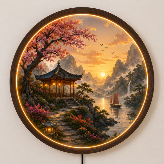Japanese Landscape LED Wall Art, Zen Pagoda Lighted Wall Decor, Round Asian Nature Wall Light, Mountain Sunset Home Decor