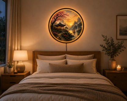 Japanese Landscape LED Wall Art, Zen Pagoda Lighted Wall Decor, Round Asian Nature Wall Light, Mountain Sunset Home Decor