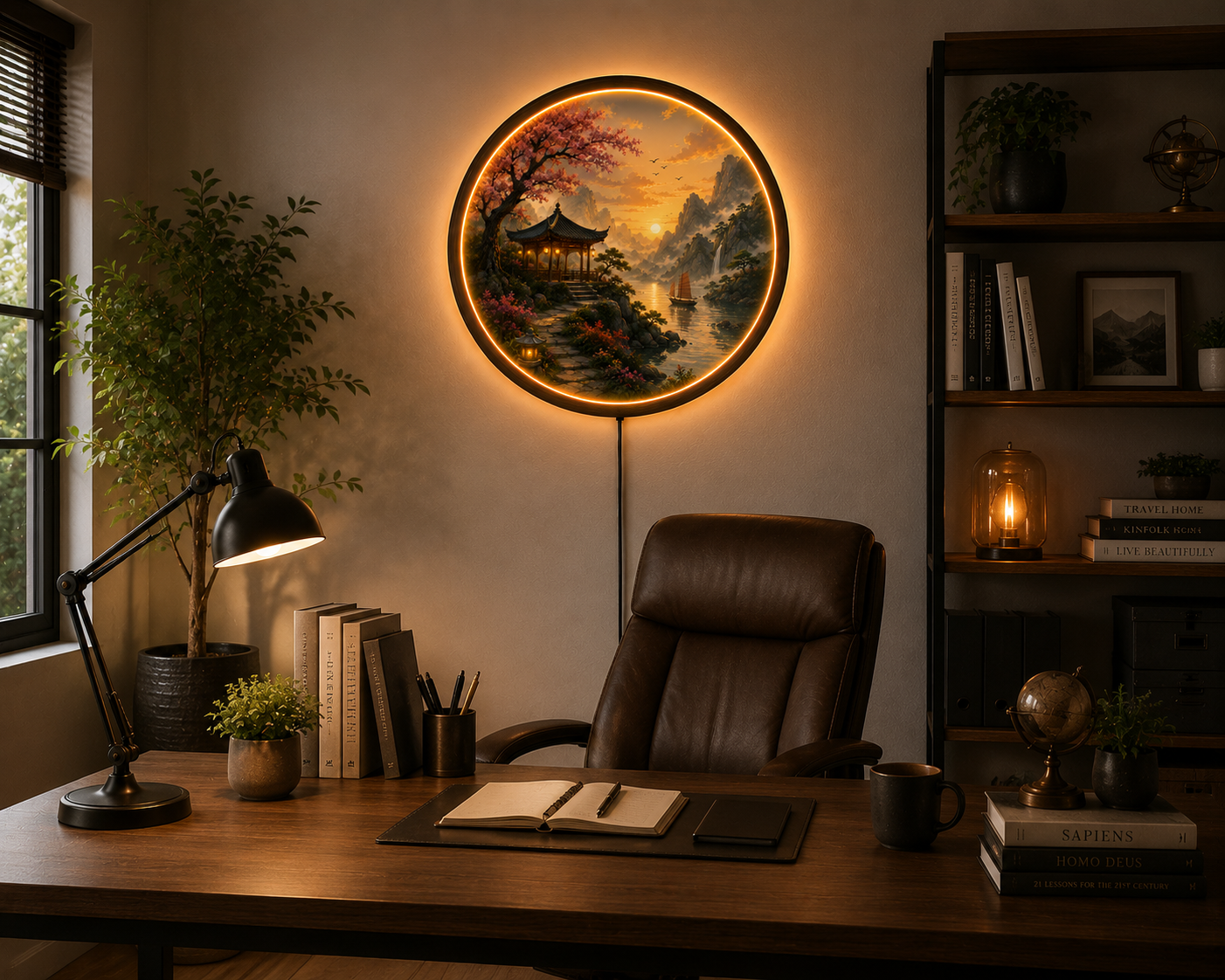 Japanese Landscape LED Wall Art, Zen Pagoda Lighted Wall Decor, Round Asian Nature Wall Light, Mountain Sunset Home Decor