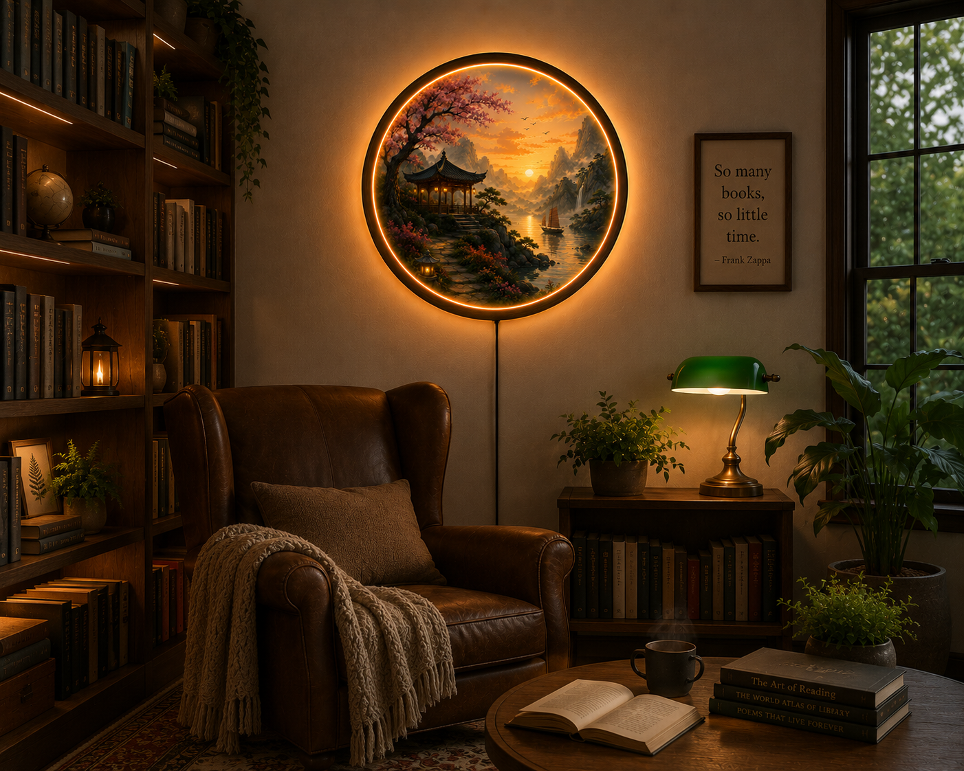Japanese Landscape LED Wall Art, Zen Pagoda Lighted Wall Decor, Round Asian Nature Wall Light, Mountain Sunset Home Decor