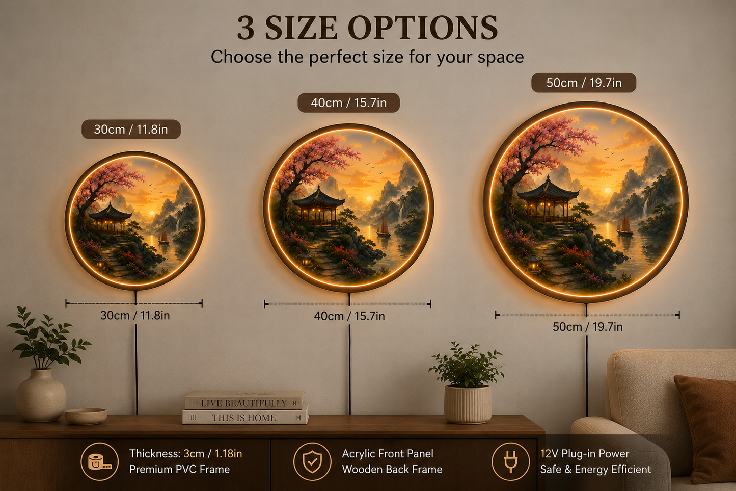 Japanese Landscape LED Wall Art, Zen Pagoda Lighted Wall Decor, Round Asian Nature Wall Light, Mountain Sunset Home Decor
